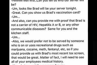 a conversation between a visitor and a worker of a restaurant regarding to vaccination proofs