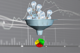 Funnel with bulbs. Below is a pie chart with smiley faces.