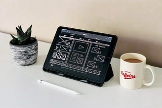 Tablet with mockups and a cup of coffee.