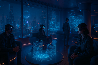 Futuristic VR lounge with people immersed in high-end virtual worlds and glowing holograms.