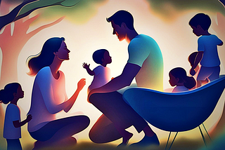 An illustration of a family consisting of two adults and four children, interacting and sitting under trees with a warm, glowing background.