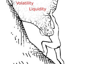 Wojak pushes their boulder-like brain up a mountain with the words phrases mean-reversion, bid-ask spread, volatility, and liquidity written on it.