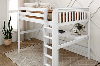 Premium Hardwood Queen Loft Bed with Straight Ladder and Long Desk | Image