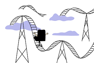 A hamster, seen from behind, is riding a roller coaster in an office chair. The roller coaster is only partly seen with some sections hidden behind clouds.