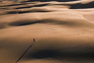 A picture of a person from afar running across a vast desert in the backdrop of a beach in the horizon, and a long line of footprints behind them.