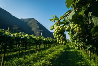 A winery with a mountain in the background and grapes hanging on a vine in the foreground