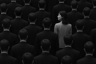The face of a woman surrounded by the backs of men.