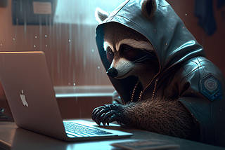 A raccoon hacker with a black hoodie in front of a laptop.