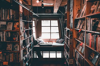 Dimly lit, cozy library with shelves of books lining an isle leading to a window seat. Sunshine spills in from the window.