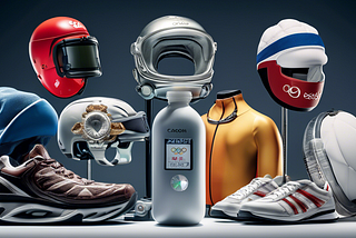 A collage showing the evolution of Olympic equipment through time, featuring five iconic sports gear items from different eras arranged in chronological order, with futuristic, high-tech versions on the right side.