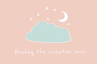 A logo banner with a light teal cloud on a peach background, with white stars and a crescent moon over the cloud. Underneath the image it reads “healing the creative soul”
