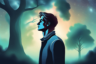 Illustration of a man afraid in a forest at night
