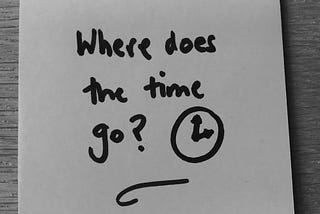 Black and white photo of a Post-It with ‘Where does the time go?’ and a drawing of a clock in black marker