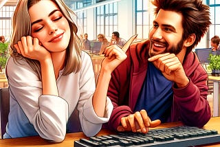 A detailed, hyper-realistic scene of Jane and Tom having a playful argument in a modern, well-lit office with colourful decorations. Jane is smiling, and Tom is smirking while tapping on a keyboard.