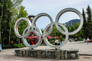The famous six circles of the Olympics sits proudly on a structure in Whistler, Canada.