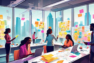 An artistic, bustling corporate brainstorming session in a modern, glass-walled office, featuring a diverse group of professionals using digital devices and sticky notes to map out innovative ideas on a large whiteboard, with the city skyline in the background.