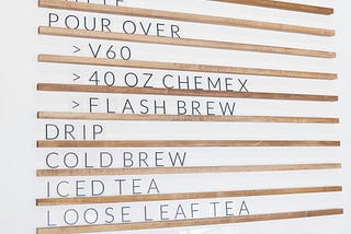 Coffee bar menu on the wall behind a counter.