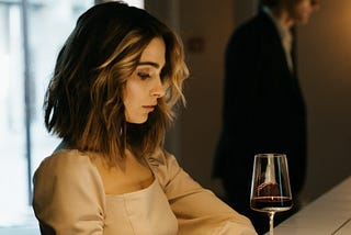 woman looking at a glass of wine as her date stands in the distance