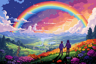 Two people holding hands in the middle of a field full of flowers looking out onto a lush green valley with a huge rainbow in the sky above them.