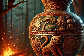 A large, ornately decorated ceramic vase is the central focus of the image. The vase features intricate patterns and designs, including spirals and geometric shapes, in earthy tones of red, brown, and black. It is placed on a wooden surface with several small stones around its base. In the background, there is a forest scene with tall trees and a glowing campfire emitting sparks. An owl is perched on a tree branch to the left of the vase, adding a mystical and natural element to the scene.