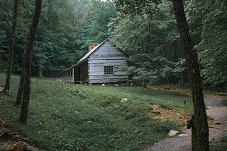 An old, wooden cabin in the woods