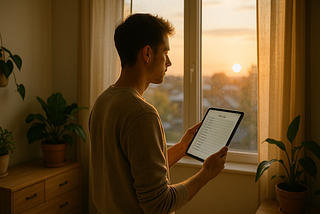 Person standing by a sunrise-lit window holding a digital planner — representing clarity and mindful daily routines.