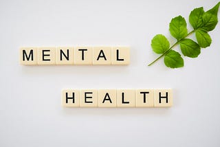 White background with green leaf. Text is written on blocks and spells out the words “mental health.”