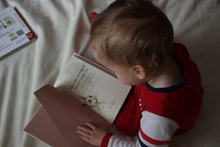 A toddler reading a book