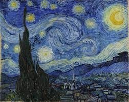 Starry Night by Van Gogh, a mix of swirled yellow paint across a blue sky with the silhouette of a town below.