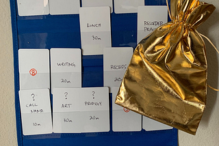 A card holder attached to the wall showing numerous task cards. A bag for coin tokens hangs nearby.