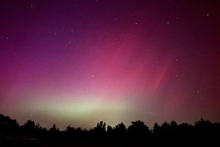 Image of pink and green aurora at night above a black treeline.