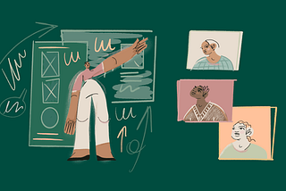 An abstract image of someone presenting their designs to a group.