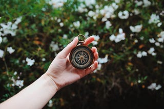 A hand holding up a compass with a tree in the backgroud.