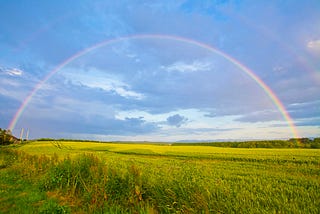 Rainbow in front of a blue sky and over a green field of grass.