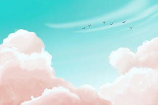 a digital painting of pink and coral clouds with a aqua green sky, with birds flying over the clouds