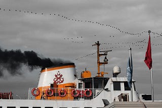 A cruise ship billowing toxic smoke into the air. A flock of birds flies in the background
