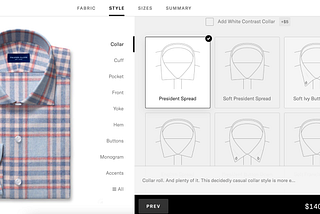 Collar options in Proper Cloth’s Design a Shirt feature