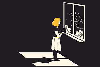 A drawing of a girl with light skin and blond hair staring out a window. The room around her is black, as is the night outside.
