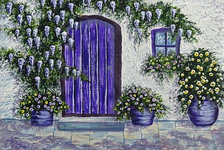 purple door, purple flowers