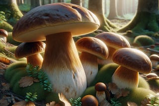 Boletus edulis, also known as Porcini mushrooms, in their natural forest habitat. Characteristic large, rounded brown caps and the thick, white to yellowish stems, which are key identification features of this species. Dappled sunlight, fallen leaves, and moss adds to the realism of their typical environment.