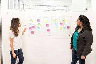 Two women collaborating at a whiteboard with sticky notes organised into workflow columns, discussing iterative delivery in a bright modern office