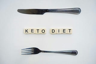 Tiles spell out KETO DIET. There is a knife  above the tiles and a fork below it.