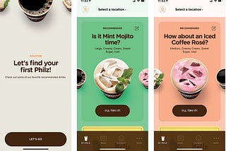 Philz order-ahead app, welcome screen and drink suggestions