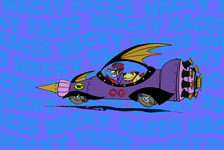 Ilustração de Dick Vigarista e seu cachorro Mutley, personagens do desenho animado Corrida maluca, dentro de seu carro.