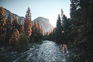 River with trees on each side with a hazy mountain in the distance on a sunny day.