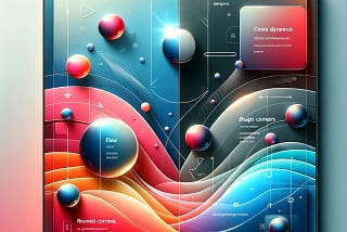 A split-screen graphic illustrating the concept of UI corner dynamics. The left side features a vibrant, rounded button with smooth gradients and soft shadows, suggesting interactivity and approachability. The right side shows a sharp-edged text box with clean, crisp lines, emphasizing focus and clarity for information consumption. Subtle graphic arrows highlight how rounded corners guide the eye smoothly, while sharp corners direct attention with precision. The background has a modern gradient