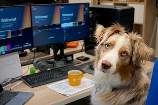 Dog sitting in front of computer monitors, turned to look at the camera