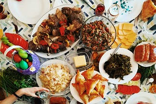 A dining table laden with beautiful home-cooked food