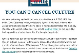 A screenshot of Rebeller’s “you can’t cancel culture” message.