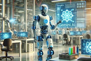 Futuristic robot equipped with Gemini AI navigating a complex laboratory environment, showcasing advanced sensory equipment and digital intelligence.